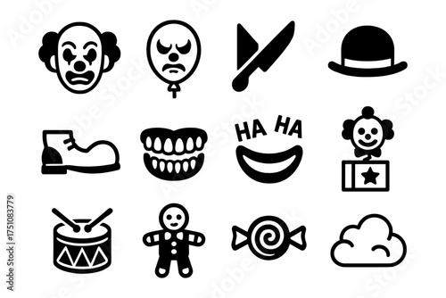 Classic circus icons: clown, balloon, bowler hat, and more in bold black design