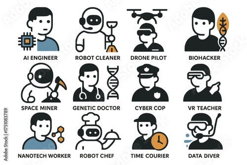 Modern technology worker icons: ai, robotics, dna, virtual reality, satellite, science