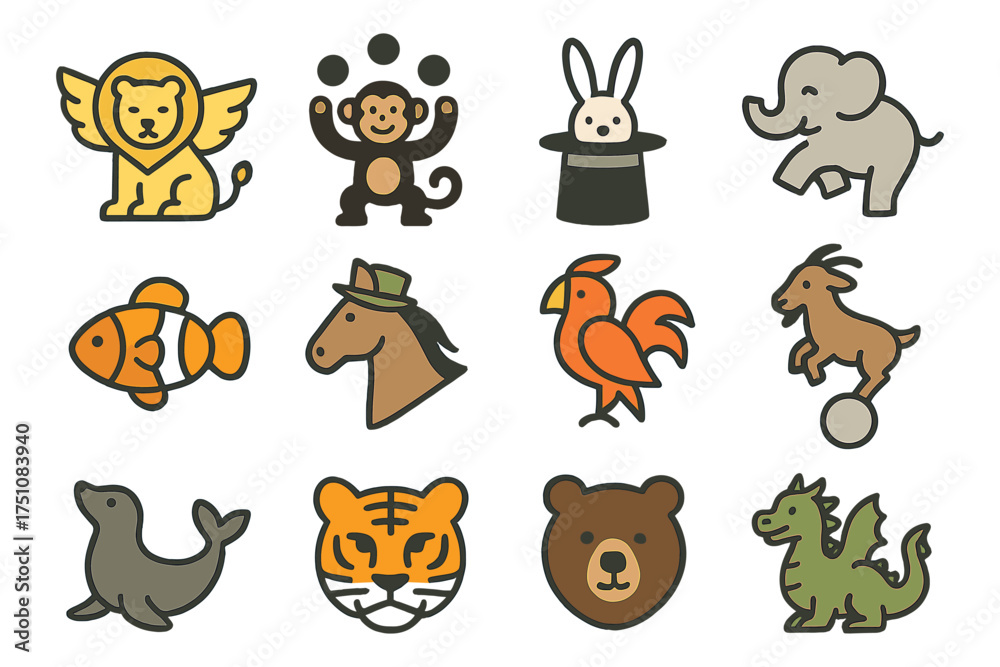 Fototapeta premium Cute animal icons: diverse flat designs featuring wildlife and pets