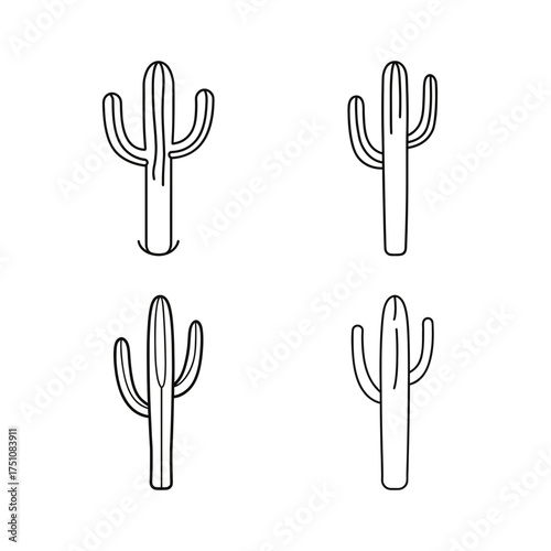 Four outlined saguaro cactus illustrations on transparent background