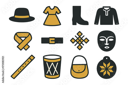 Traditional cultural icons set with folk art symbols in flat design