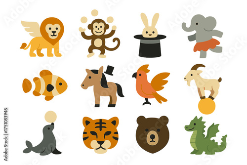 Cute animal circus icons set featuring lion, monkey, elephant, and more in flat design