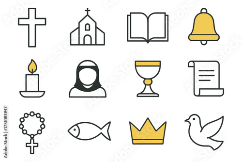 Religious symbols collection: church, cross, candle, and more in simple line style