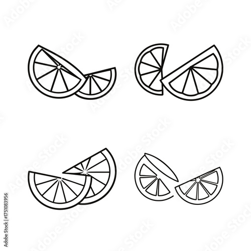 Four sets of orange slices black outline on transparent background