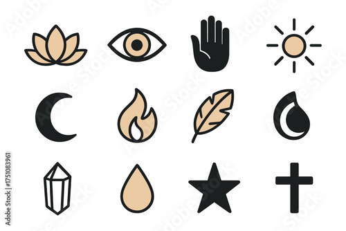 Minimalist set of symbols featuring nature and spiritual icons
