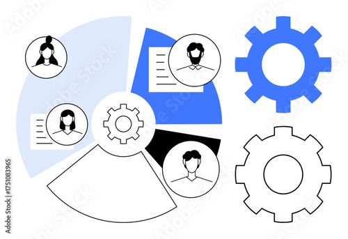 Team member avatars linked to pie chart segments and large gears, symbolizing collaboration, workflow, and task management. Ideal for teamwork, analytics, project planning, strategy, organization
