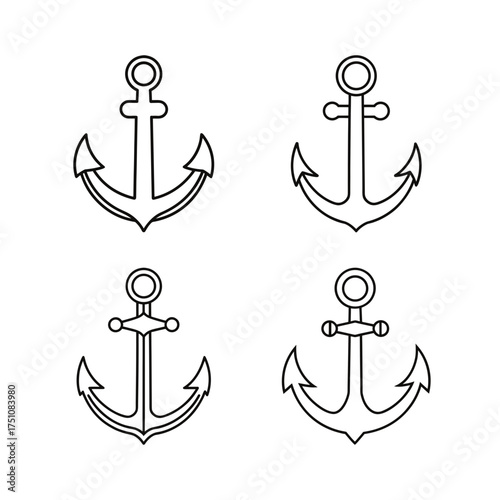 Four line drawing images of ship anchors on transparent background
