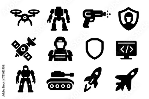 Futuristic technology icons featuring drones, robots, and space elements