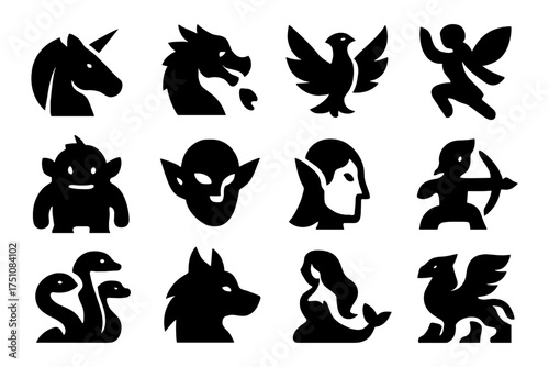 Silhouette collection of mythical creatures: unicorn, dragon, mermaid, and more