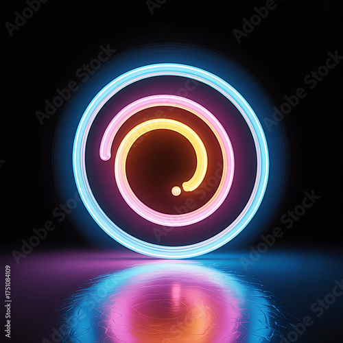 Neon Spiral Symbol Illuminated on Reflective Surface A Modern Digital Art Composition on Black