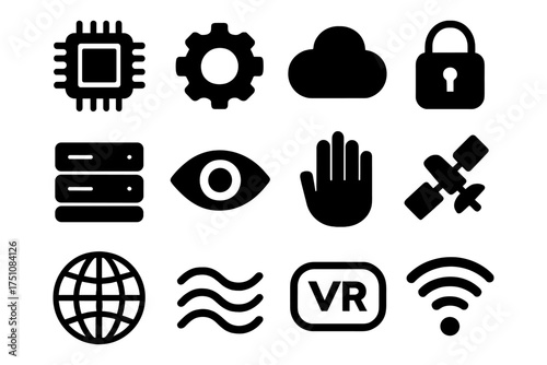Bold black technology icons set featuring cloud, security, and networking symbols