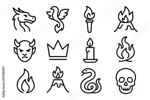 Fire and fantasy elements: mythical icons in simple outline style