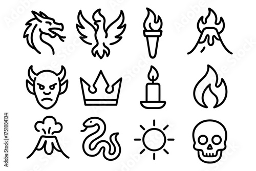 Bold outline icons featuring mythical creatures and fiery symbols in a modern style