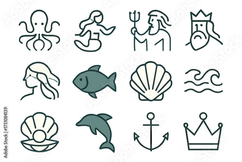 Minimalist ocean icons: sea creatures, mythical figures, and nautical symbols