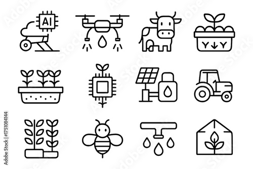 Smart agriculture icons: ai, drones, sustainable farming, and renewable energy