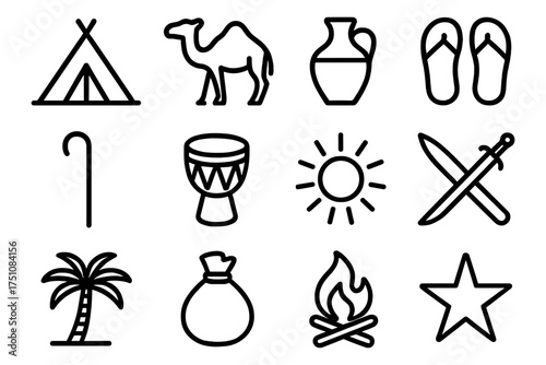 Camping adventures: icon set featuring tent, camel, and campfire elements