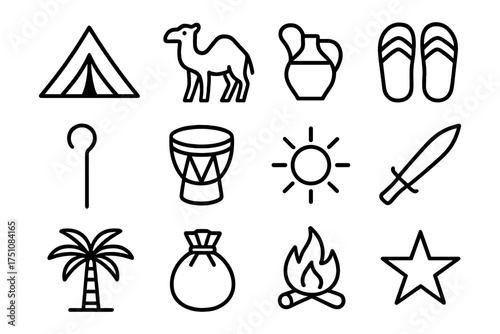 Desert adventure line icons: camel, tent, sun, and more