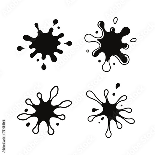 Four black ink blots with varying shapes on transparent background