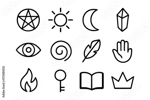 Mystic icon collection featuring magic symbols in minimalist black outline style