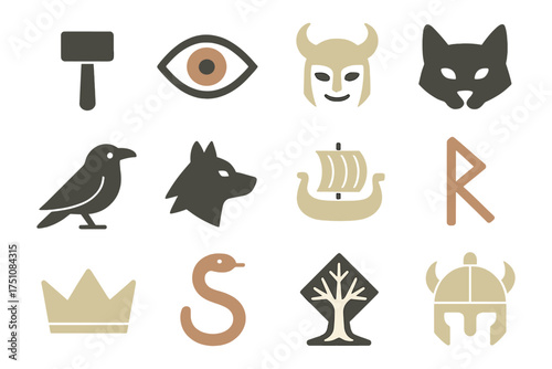 Nordic symbols collection: viking helmet, wolf, raven, and runes overview