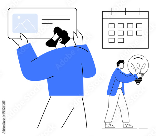 Two figures collaborate one holding a project card, the other carrying a light bulb. Calendar in the background. Ideal for teamwork, creativity, productivity, innovation, planning, organization