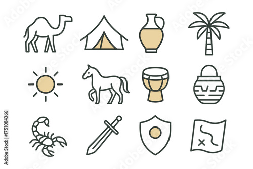 Minimalist desert icons: camel, tent, palm, horse, sword, shield, map, sun, pottery