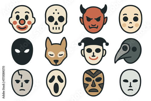 Diverse halloween masks featuring clown, skull, and plague doctor designs