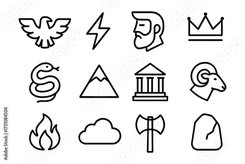 Minimalist icon set featuring mythological and nature themes in bold line art style