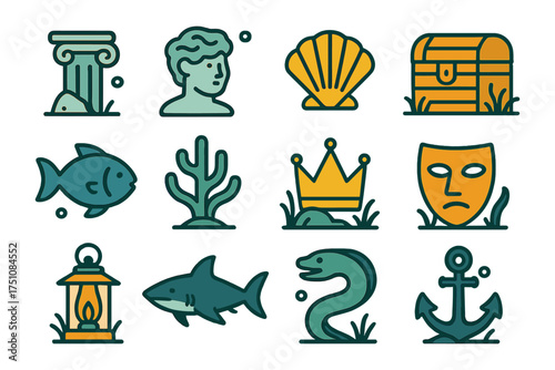 Ancient symbols collection: nautical and mythology icons in modern flat style