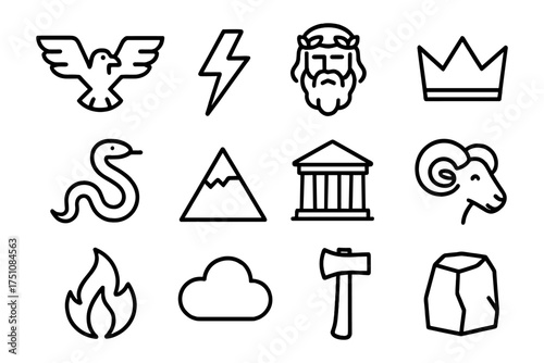 Ancient greek mythology icons set in bold linear style