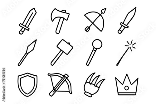 Line art medieval weapon collection with sword, axe, and bow icons
