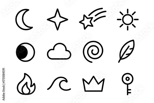Minimalist black line icons of nature and celestial elements