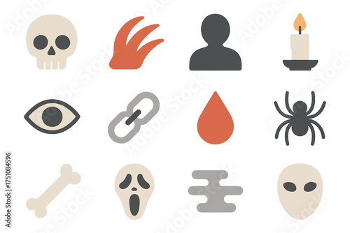 Halloween flat icons set: skulls, candles, spiders, and more