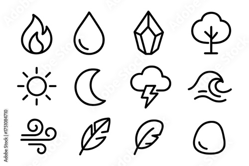 Minimalist nature icons set: fire, water, tree, sun, moon, and more in simple line art