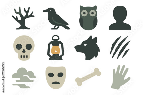 Simple halloween icons set featuring spooky symbols and creepy characters