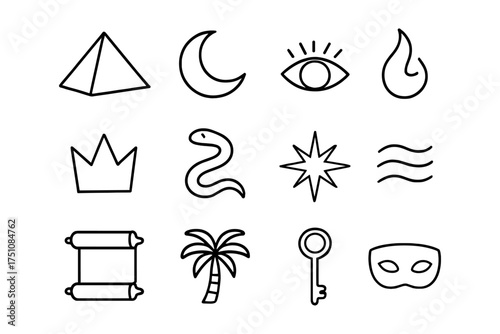 Ancient symbols collection: minimalist icon set with pyramid, moon, and eye