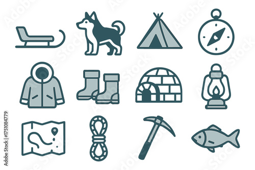 Winter adventure icon set: outdoor gear and activities for arctic explorers