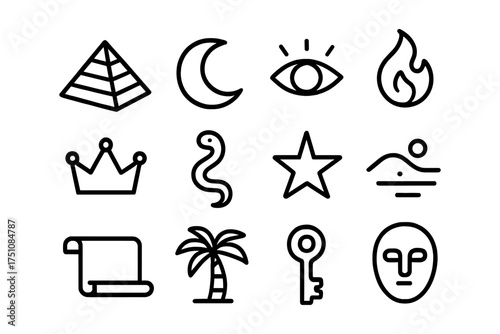 Minimalist collection of symbols featuring moon, eye, flame, and more