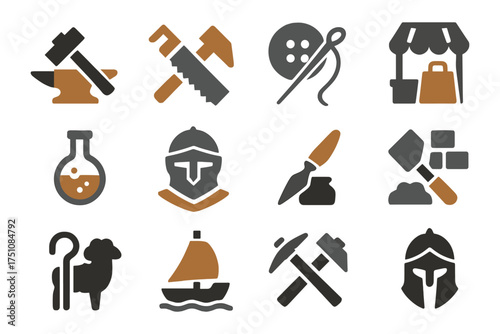 Medieval artisan icons: crafts and trades in flat style