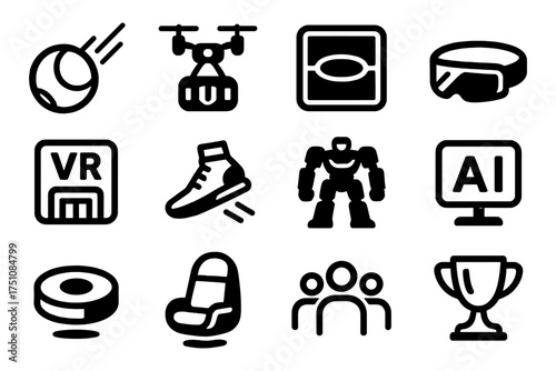 Modern sports and technology icon set in bold minimalist style