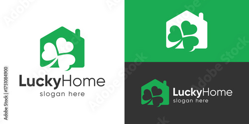 Creative simple lucky home logo template. Home, house with clover logo design vector illustration.
