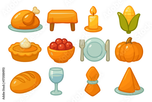 Thanksgiving feast icons: flat style holiday food and tableware collection