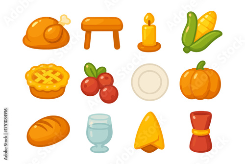 Thanksgiving feast: cartoon icons of turkey, pumpkin, and harvest essentials