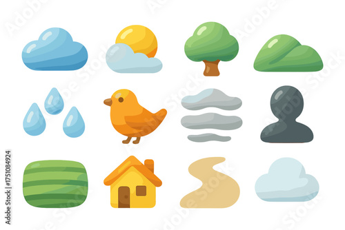 Set of cute cartoon nature icons including clouds, sun, and trees