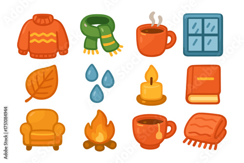 Cozy autumn icons set featuring sweater, scarf, hot beverages, and home essentials