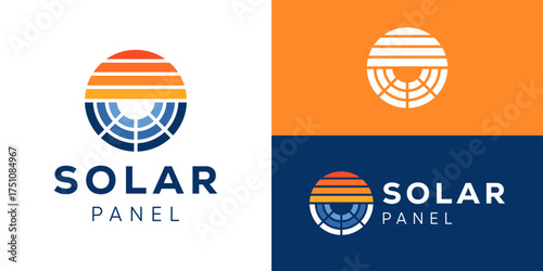 Creative simple solar panel logo template. Sun with panel logo design vector illustration.