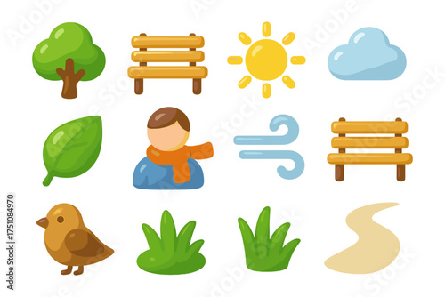 Colorful autumn icons with nature elements and park scenes in flat design