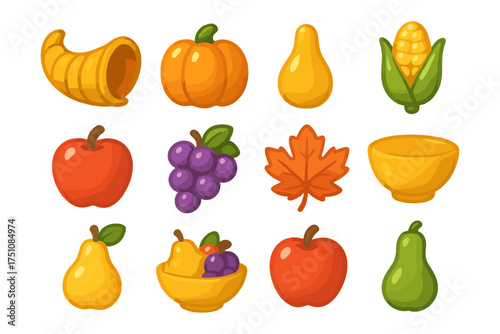 Colorful autumn harvest icons: pumpkins, leaves, and fruits