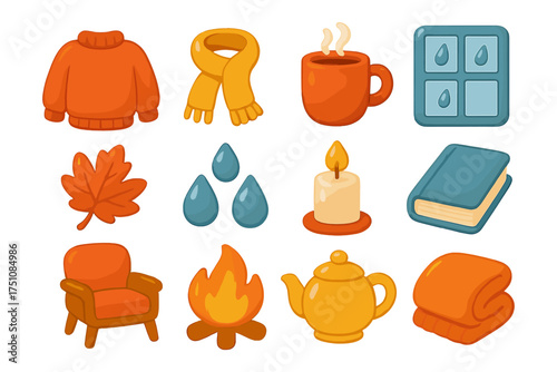 Cozy autumn icons collection: sweater, tea, candle, and more