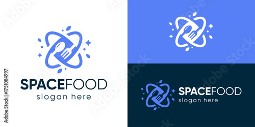 Creative simple space food logo template. Space orbit with spoon and fork for cafe restaurant logo design vector illustration.